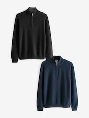 Black/Navy Blue Regular Fit 100% Cotton Premium Quarter Zip Jumpers 2 Pack - Image 1 of 13