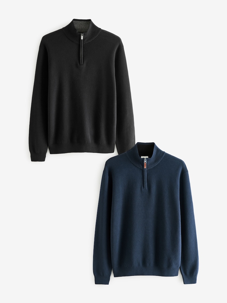 Black/Navy Blue Regular Fit 100% Cotton Premium Quarter Zip Jumpers 2 Pack - Image 1 of 13
