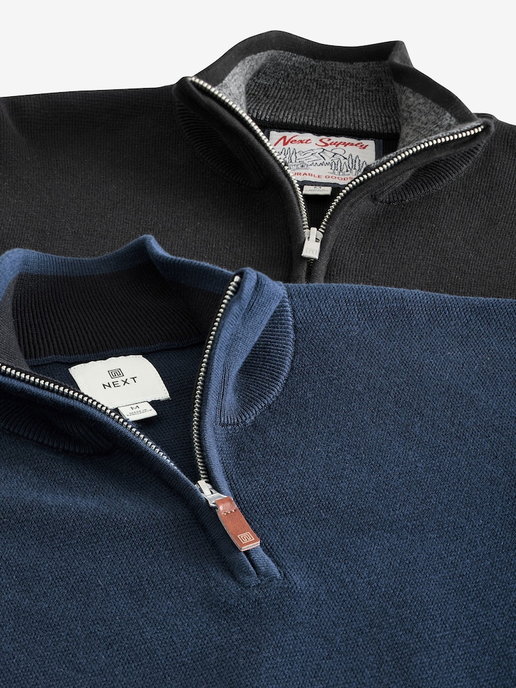 Black/Navy Blue Regular Fit 100% Cotton Premium Quarter Zip Jumpers 2 Pack - Image 13 of 13