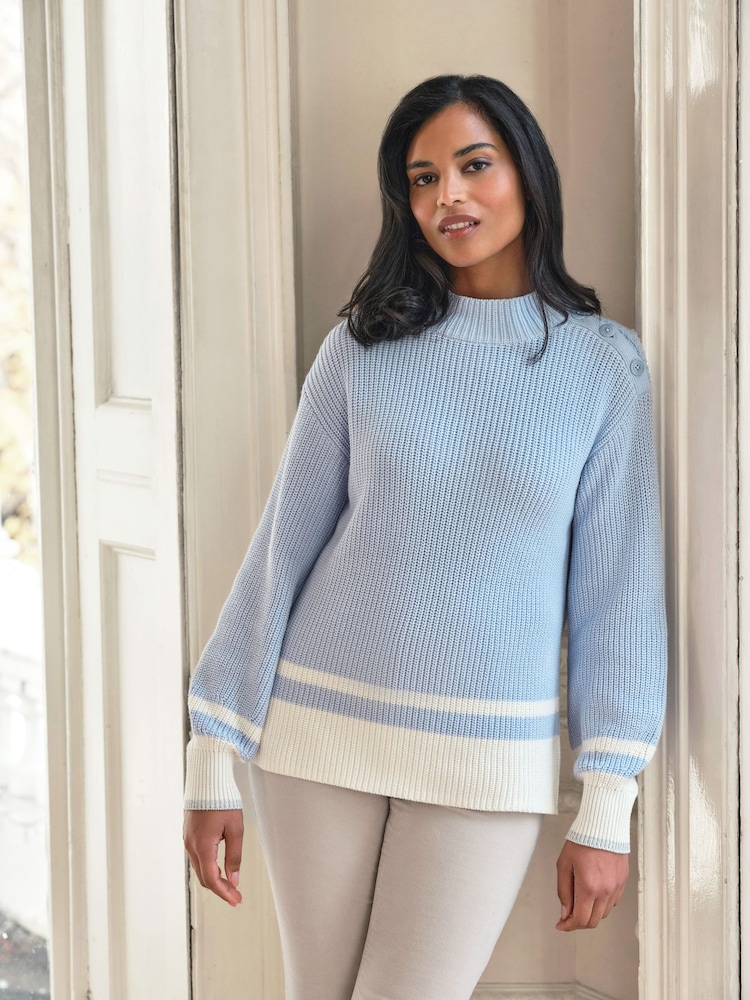 Pure Collection Blue 100% Cotton Button Shoulder Sweater - Image 1 of 3