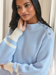Pure Collection Blue 100% Cotton Button Shoulder Sweater - Image 3 of 3