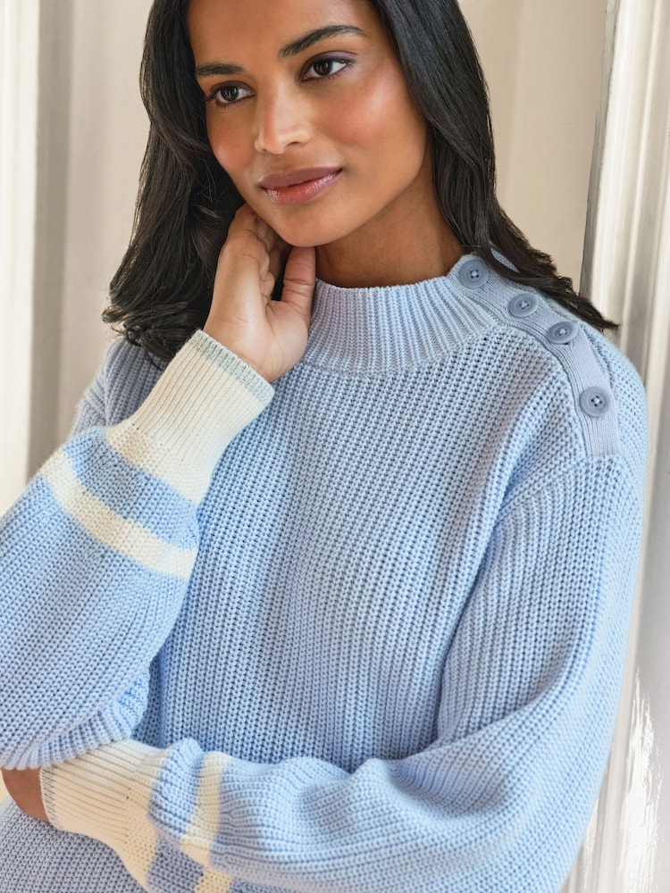 Pure Collection Blue 100% Cotton Button Shoulder Sweater - Image 3 of 3