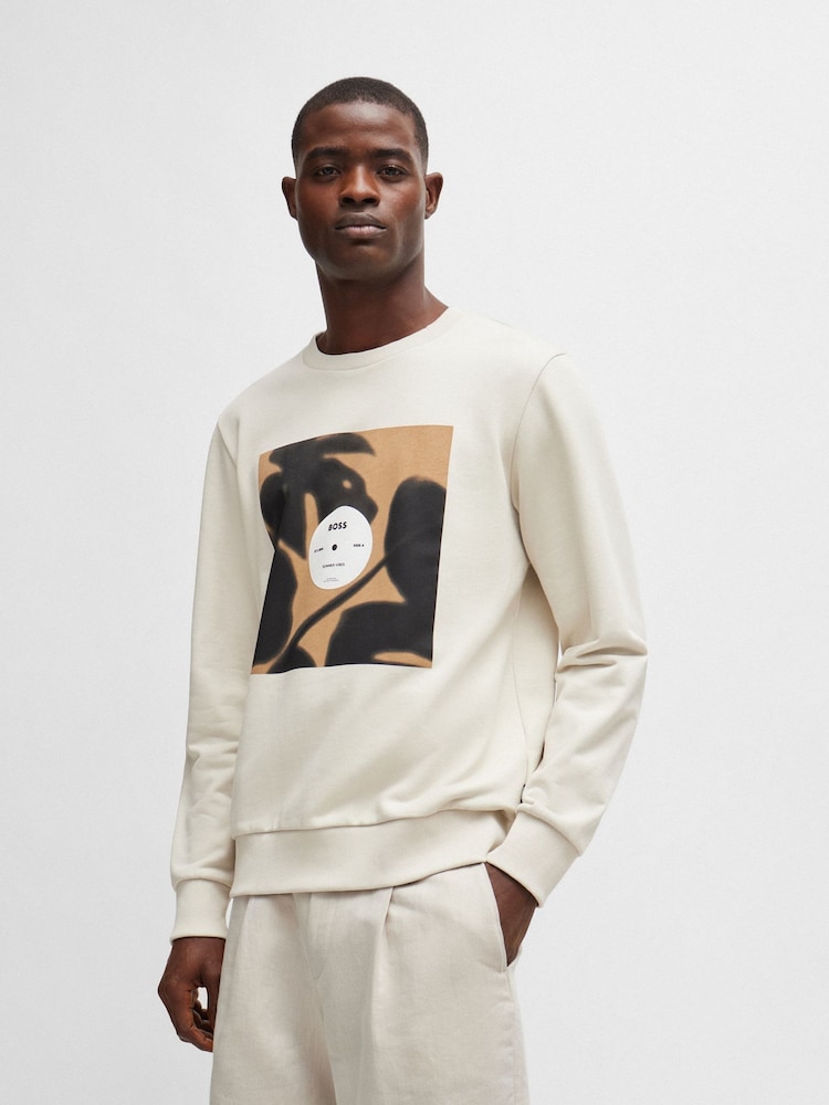 BOSS White 100% Cotton Terry Relaxed-Fit Sweatshirt With Seasonal Artwork - Image 1 of 5
