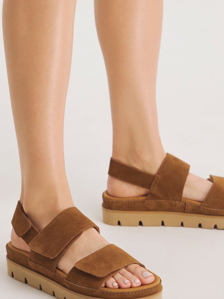 Simply Be Brown Wide Fit Chunky Comfort Suede Touch And Close Sandals - Image 1 of 4