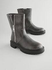Grey Leather Forever Comfort® Ankle Zip Biker Boots - Image 1 of 4
