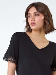 Roman Black Lace Trim Stretch Jersey Blouses - Image 1 of 5