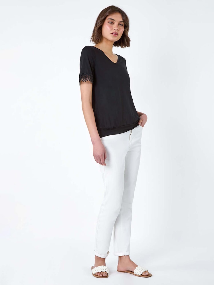 Roman Black Lace Trim Stretch Jersey Blouses - Image 2 of 5