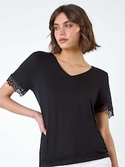 Roman Black Lace Trim Stretch Jersey Blouses - Image 4 of 5