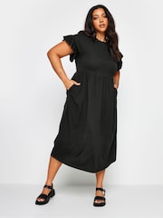 Yours Curve Black Pure 100% Cotton Frill Sleeve Midaxi Dress - Image 1 of 5