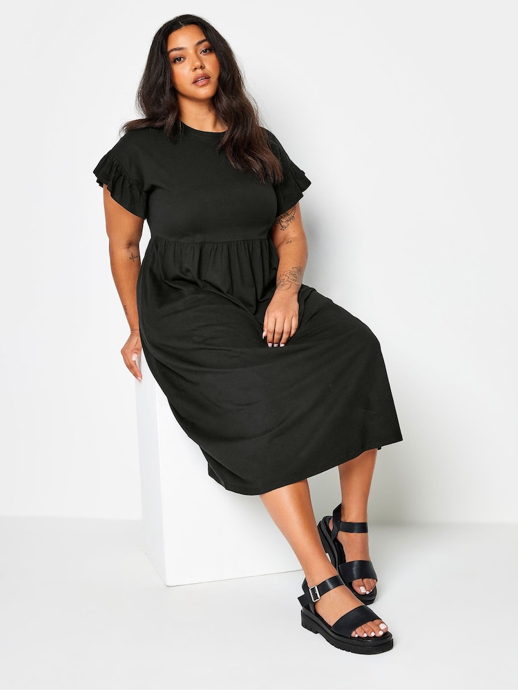 Yours Curve Black Pure 100% Cotton Frill Sleeve Midaxi Dress - Image 2 of 5