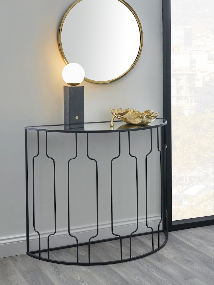 Pacific Black Mirrored Glass and Metal Half Moon Console Table - Image 1 of 6