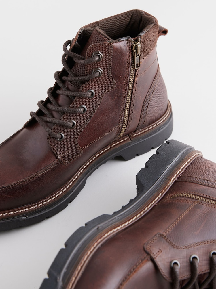 Brown Leather Apron Toe Zip Up Boots - Image 5 of 6