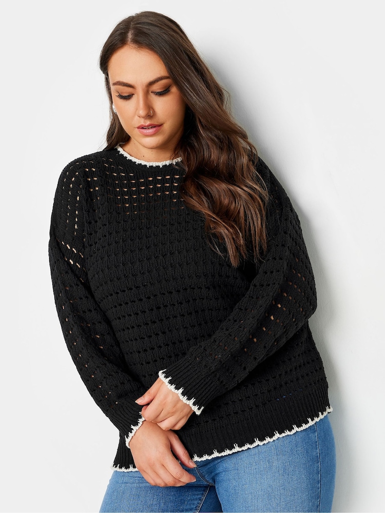 Yours Curve Black Tipped Edge Crochet Jumper - Image 1 of 5