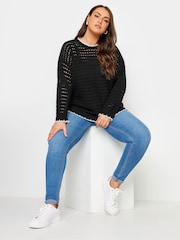 Yours Curve Black Tipped Edge Crochet Jumper - Image 2 of 5