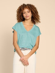 White Stuff Blue 100% Linen V-Neck T-Shirt - Image 1 of 7