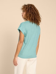 White Stuff Blue 100% Linen V-Neck T-Shirt - Image 2 of 7