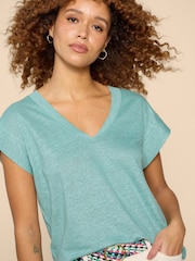 White Stuff Blue 100% Linen V-Neck T-Shirt - Image 3 of 7