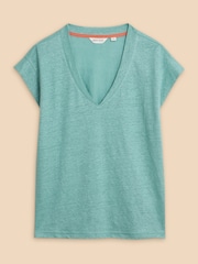 White Stuff Blue 100% Linen V-Neck T-Shirt - Image 5 of 7