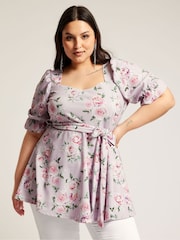 Yours Curve Pink Floral Puff Sleeve Peplum Top - Image 1 of 5