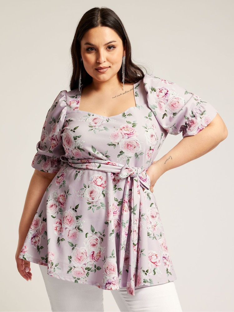 Yours Curve Pink Floral Puff Sleeve Peplum Top - Image 1 of 5