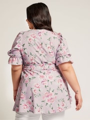 Yours Curve Pink Floral Puff Sleeve Peplum Top - Image 2 of 5