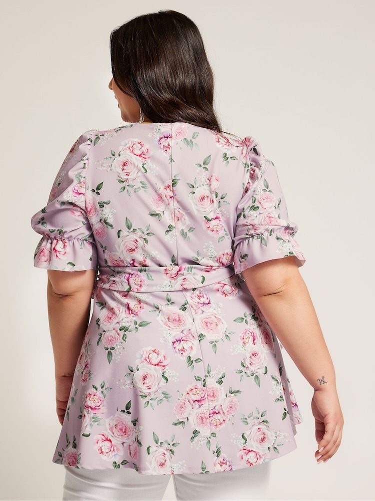 Yours Curve Pink Floral Puff Sleeve Peplum Top - Image 2 of 5