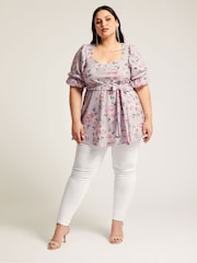 Yours Curve Pink Floral Puff Sleeve Peplum Top - Image 3 of 5