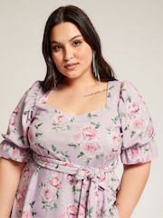 Yours Curve Pink Floral Puff Sleeve Peplum Top - Image 4 of 5