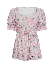 Yours Curve Pink Floral Puff Sleeve Peplum Top - Image 5 of 5