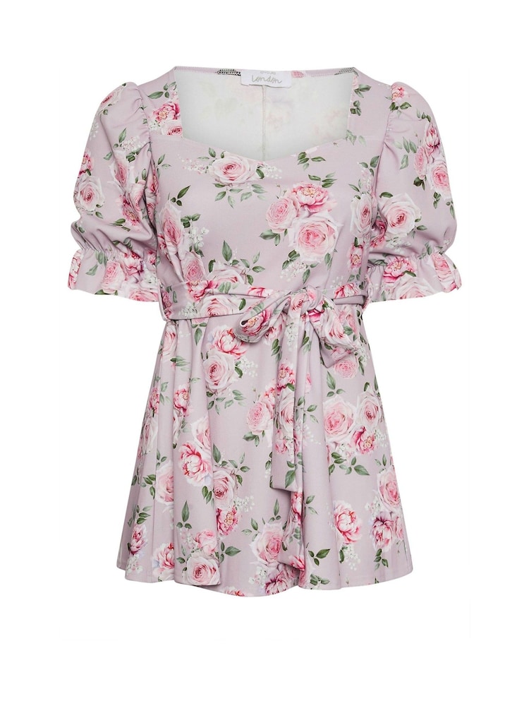 Yours Curve Pink Floral Puff Sleeve Peplum Top - Image 5 of 5