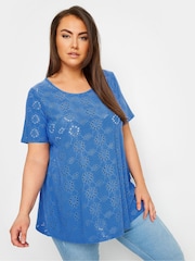 Yours Curve Blue Broderie Swing T-Shirt - Image 1 of 5