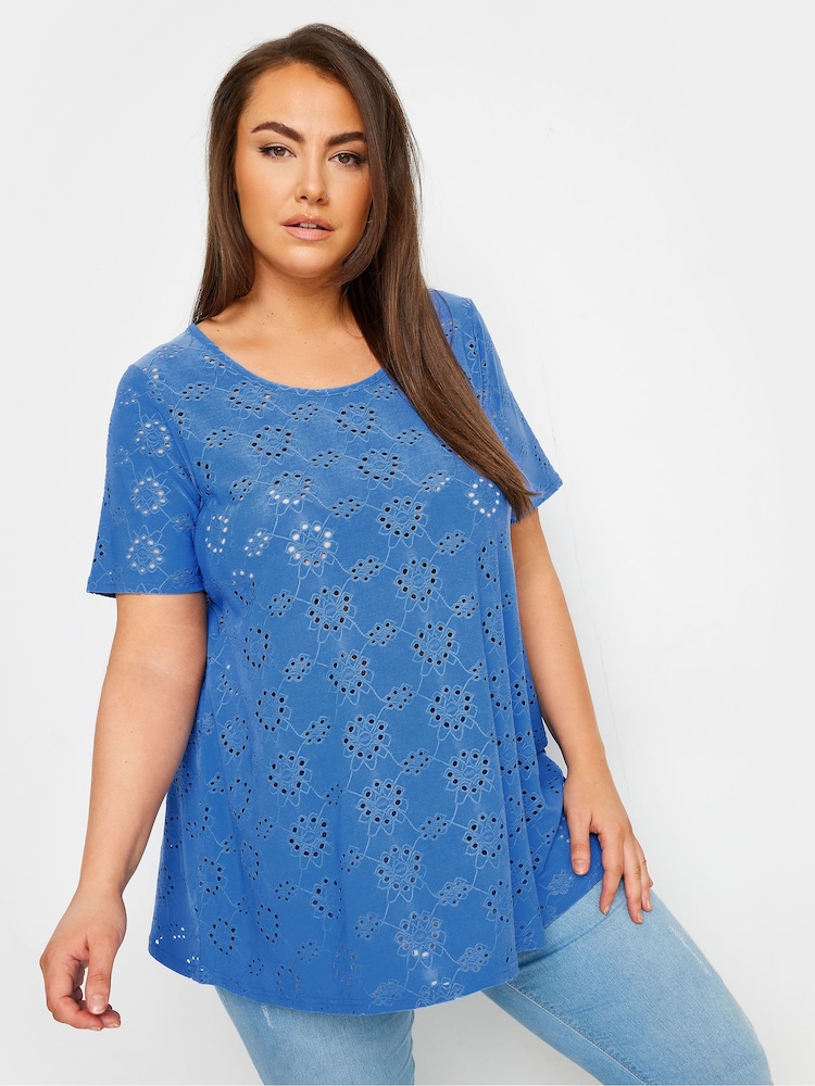 Yours Curve Blue Broderie Swing T-Shirt - Image 1 of 5