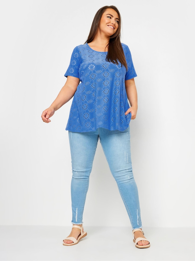Yours Curve Blue Broderie Swing T-Shirt - Image 2 of 5