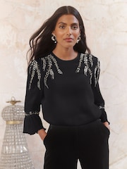Love & Roses Black Embellished Crew Neck Flute Sleeve Blouse - Image 1 of 4