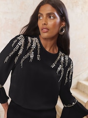 Love & Roses Black Embellished Crew Neck Flute Sleeve Blouse - Image 2 of 4