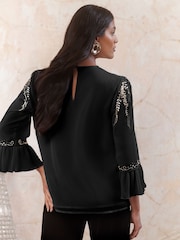 Love & Roses Black Embellished Crew Neck Flute Sleeve Blouse - Image 4 of 4