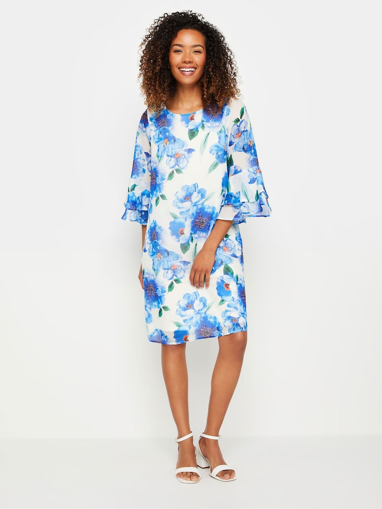 M&Co White Floral Print Flute Sleeve Shift Dress - Image 1 of 6