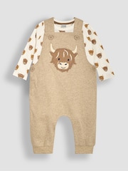 JoJo Maman Bébé Mocha Brown Highland Cow Appliqué Dungarees & Top Set - Image 1 of 6