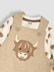JoJo Maman Bébé Mocha Brown Highland Cow Appliqué Dungarees & Top Set - Image 4 of 6
