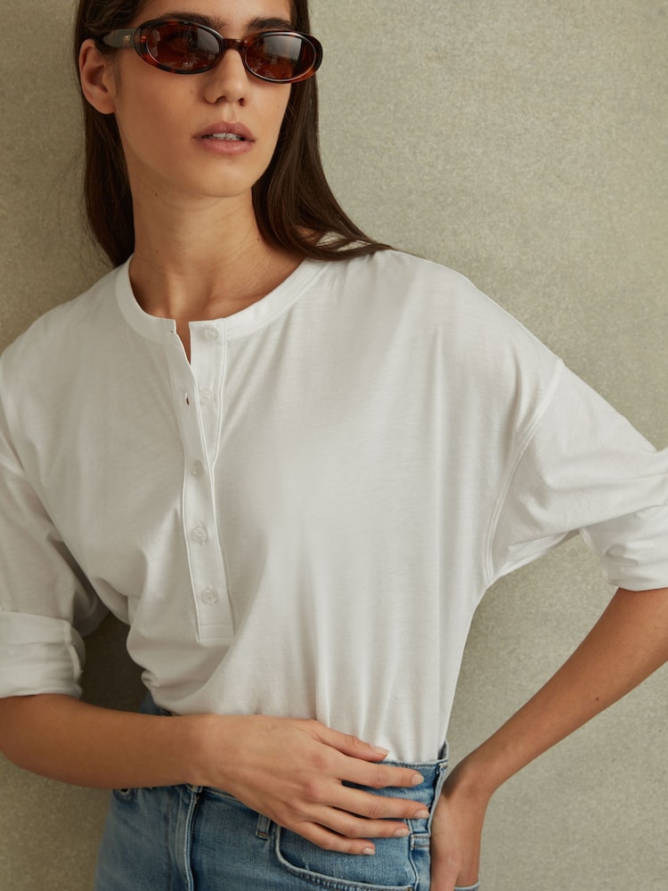 Reiss White Olive Cotton Henley Top - Image 1 of 6 Reiss White Olive Cotton Henley Top - Image 1 of 6