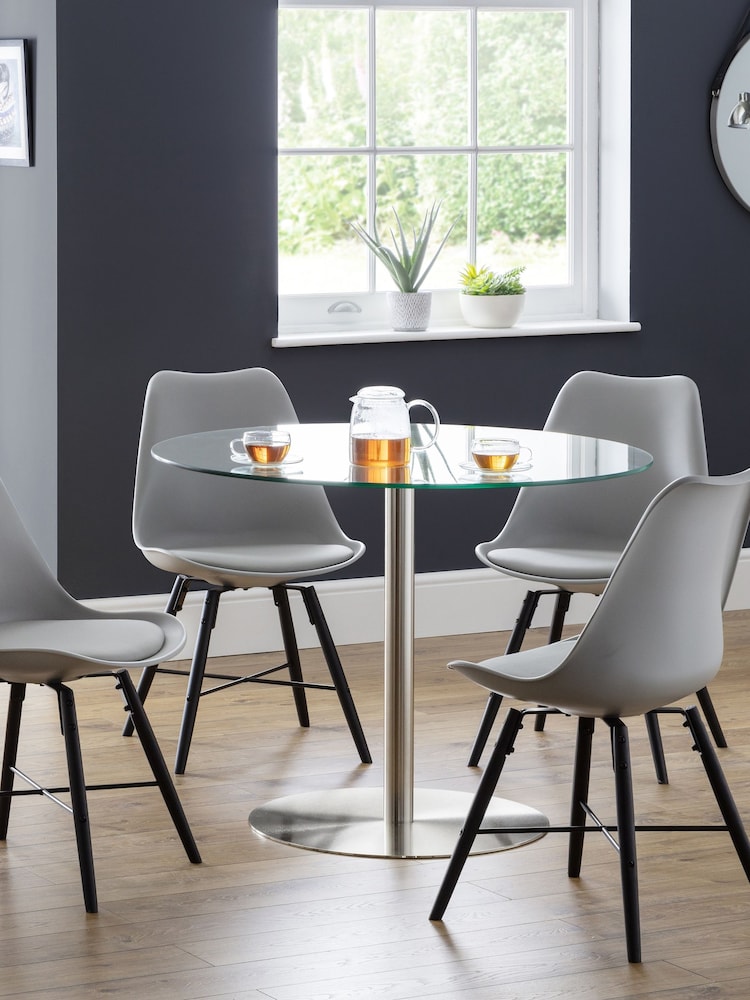 Julian Bowen Glass Chrome Milan Round Glass Brushed Steel Pedestal Table - Image 1 of 4