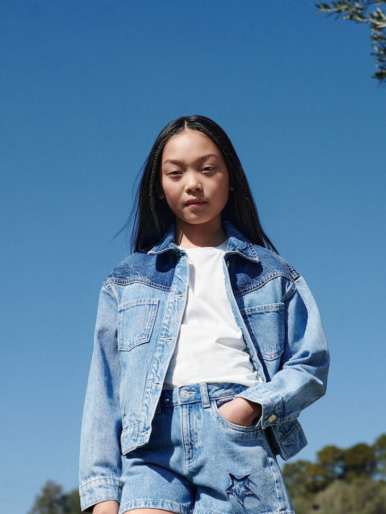 Mango Blue 100% Cotton Cazadora Vaquera Bicolor Two-Tone Denim Jacket - Image 1 of 3