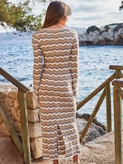 Sosandar Brown/White Chevron Flared Sleeve Fine Knit Midi Dress - Image 4 of 5