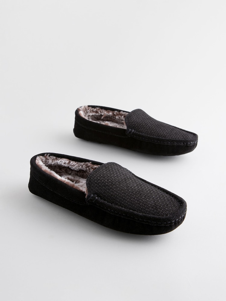 Black Suede Faux Fur Lined Moccasin Slippers - Image 1 of 5
