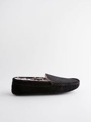 Black Suede Faux Fur Lined Moccasin Slippers - Image 2 of 5