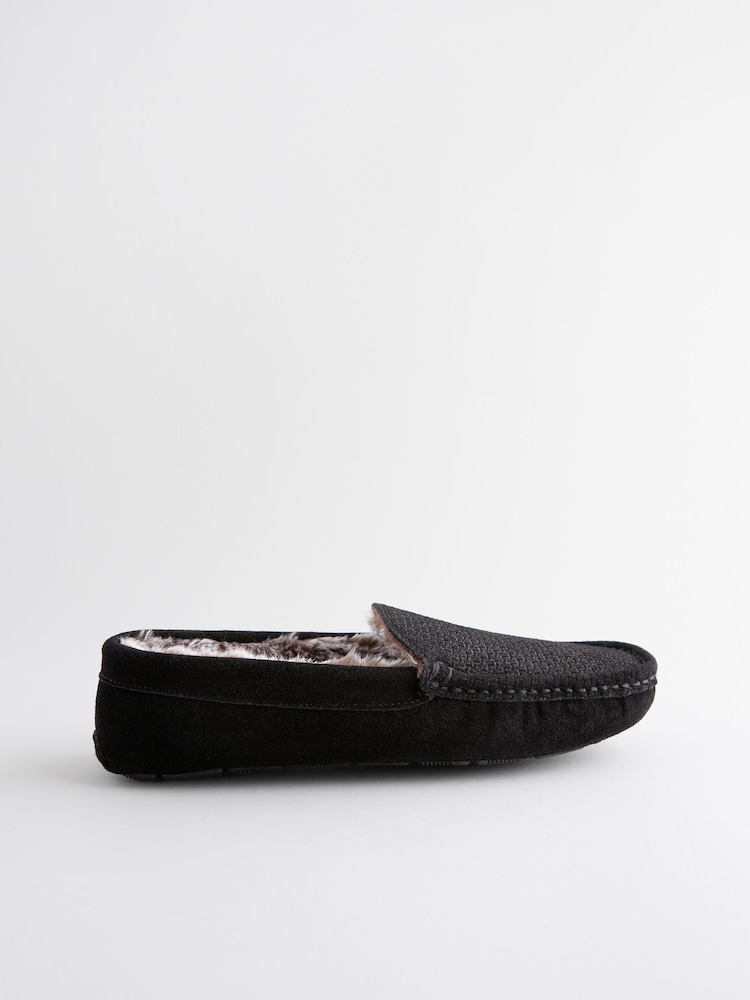 Black Suede Faux Fur Lined Moccasin Slippers - Image 2 of 5