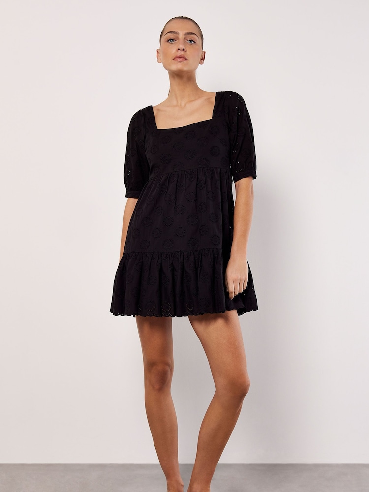 Apricot Black Broderie Anglaise Tiered Mini Dress - Image 1 of 4 Apricot Black Broderie Anglaise Tiered Mini Dress - Image 1 of 4
