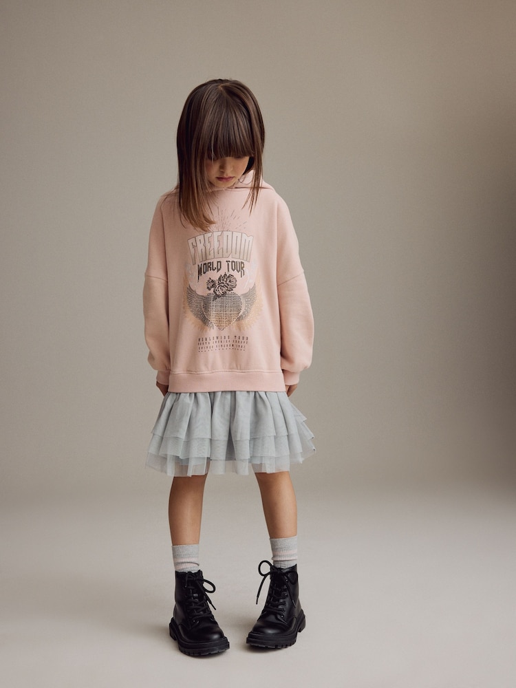 Pink Graphic 2-in-1 Long Sleeve Hooded Sweat Dress with Mesh Skirt (3-16yrs) - Image 2 of 9