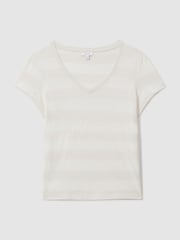 Reiss Neutral/Ivory Nola Linen-Cotton Striped V-Neck T-Shirt - Image 2 of 5