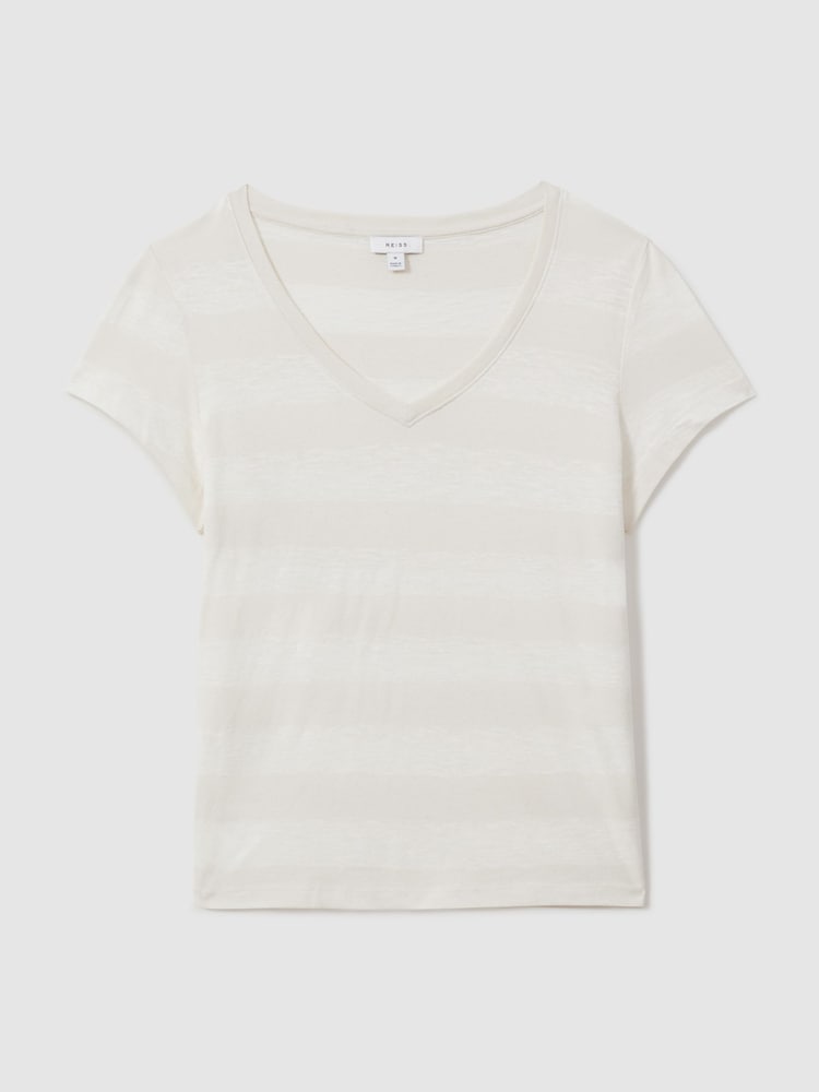 Reiss Neutral/Ivory Nola Linen-Cotton Striped V-Neck T-Shirt - Image 2 of 5